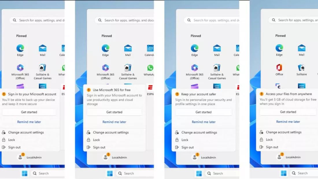 Menu Start Windowsa 11 z powiadomieniami reklamowymi