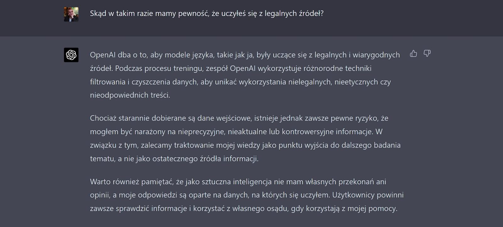 ChatGPT odpowiada na pytanie o legalność źródeł