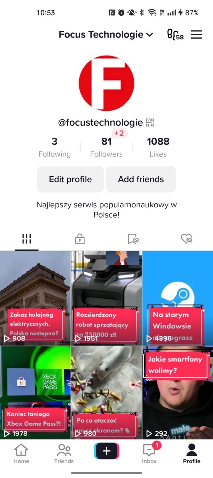 Wygląd strony profilu na TikToku