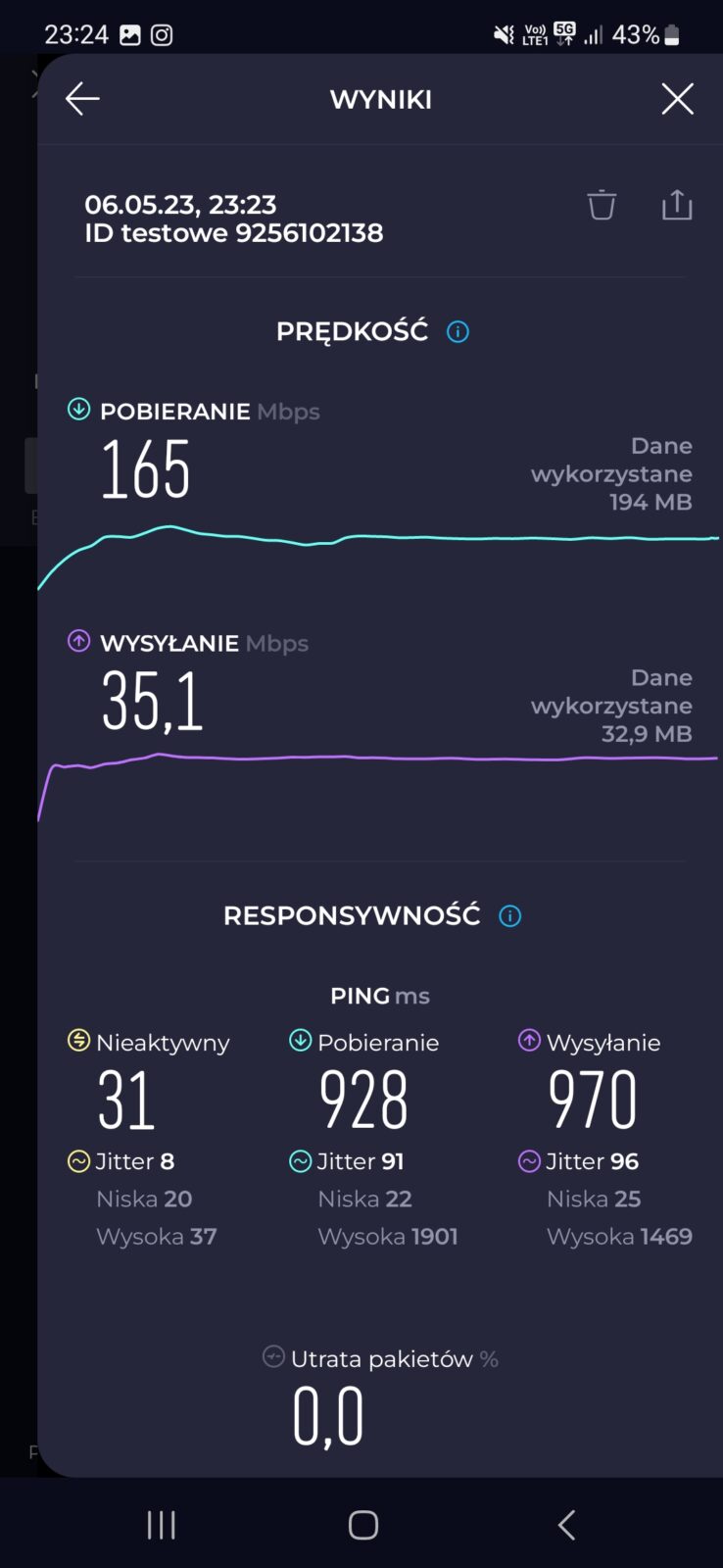Samsung Galaxy A34 5G - test prędkości 5G w Plusie, Warszawa Ochota