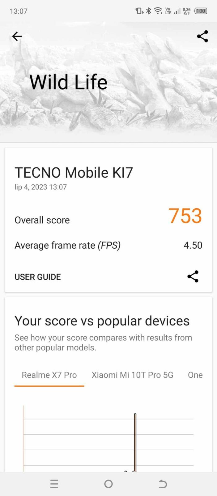 3D Mark Wild Life na Tecno Spark 10 Pro - 753 punkty