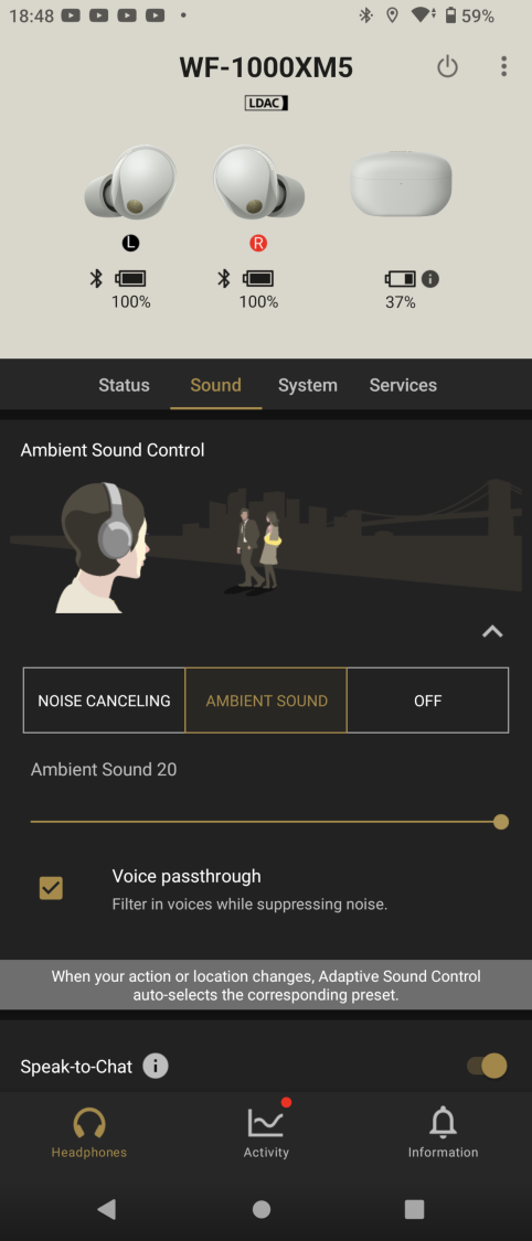 Sony WF-1000XM5 - ustawione przepuszczanie dźwięku