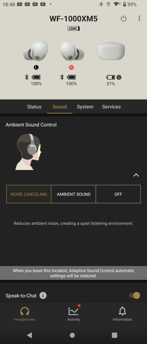 Sony WF-1000XM5 - ustawiona redukcja hałasu