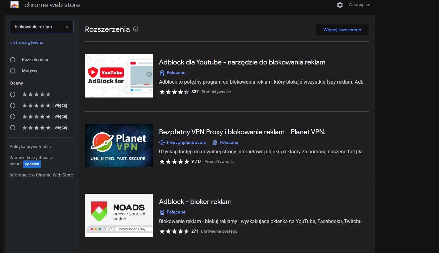 Blokowanie reklam na Chrome