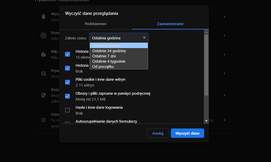 Chrome dane przeglądania