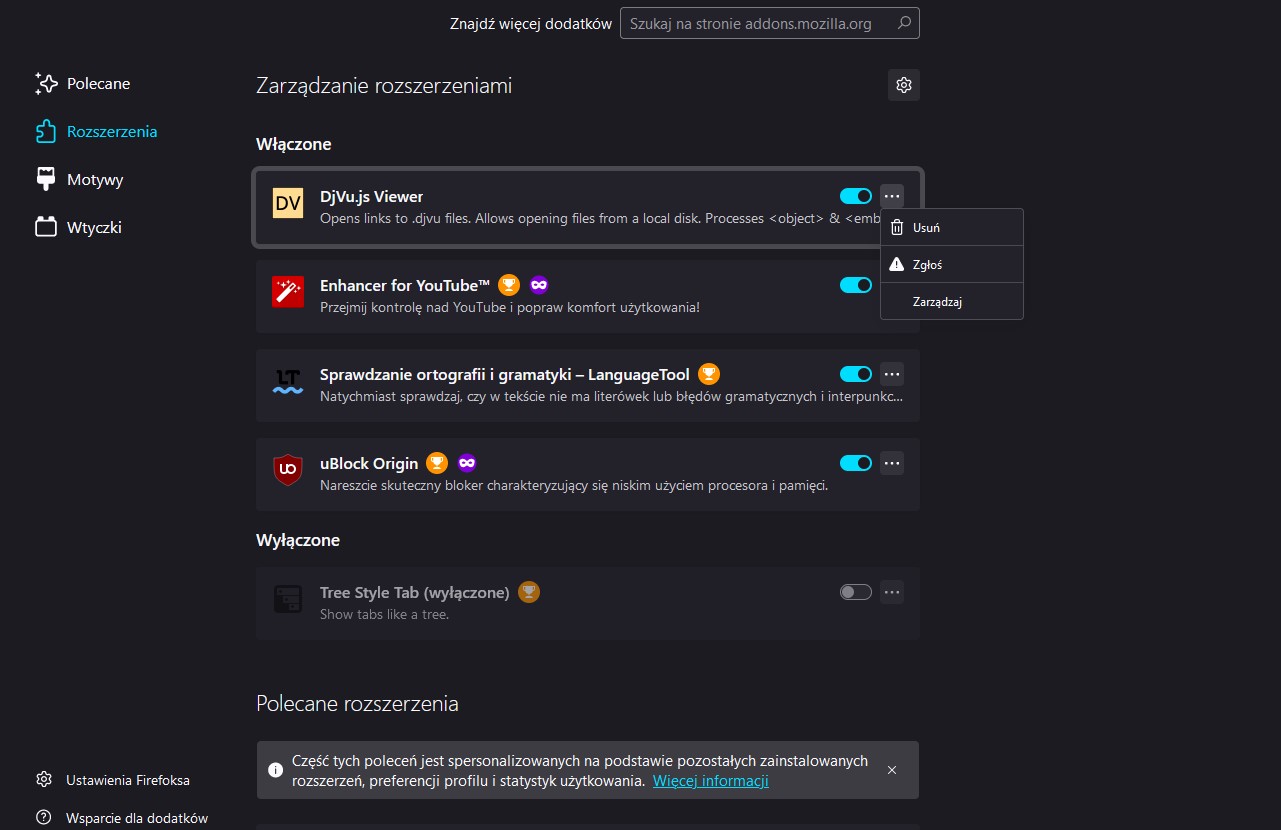 Firefox - kontrola rozszerzeń