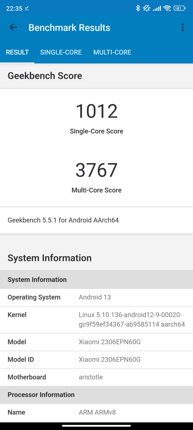 Xiaomi 13T - Geekbench 5 1012/3767
