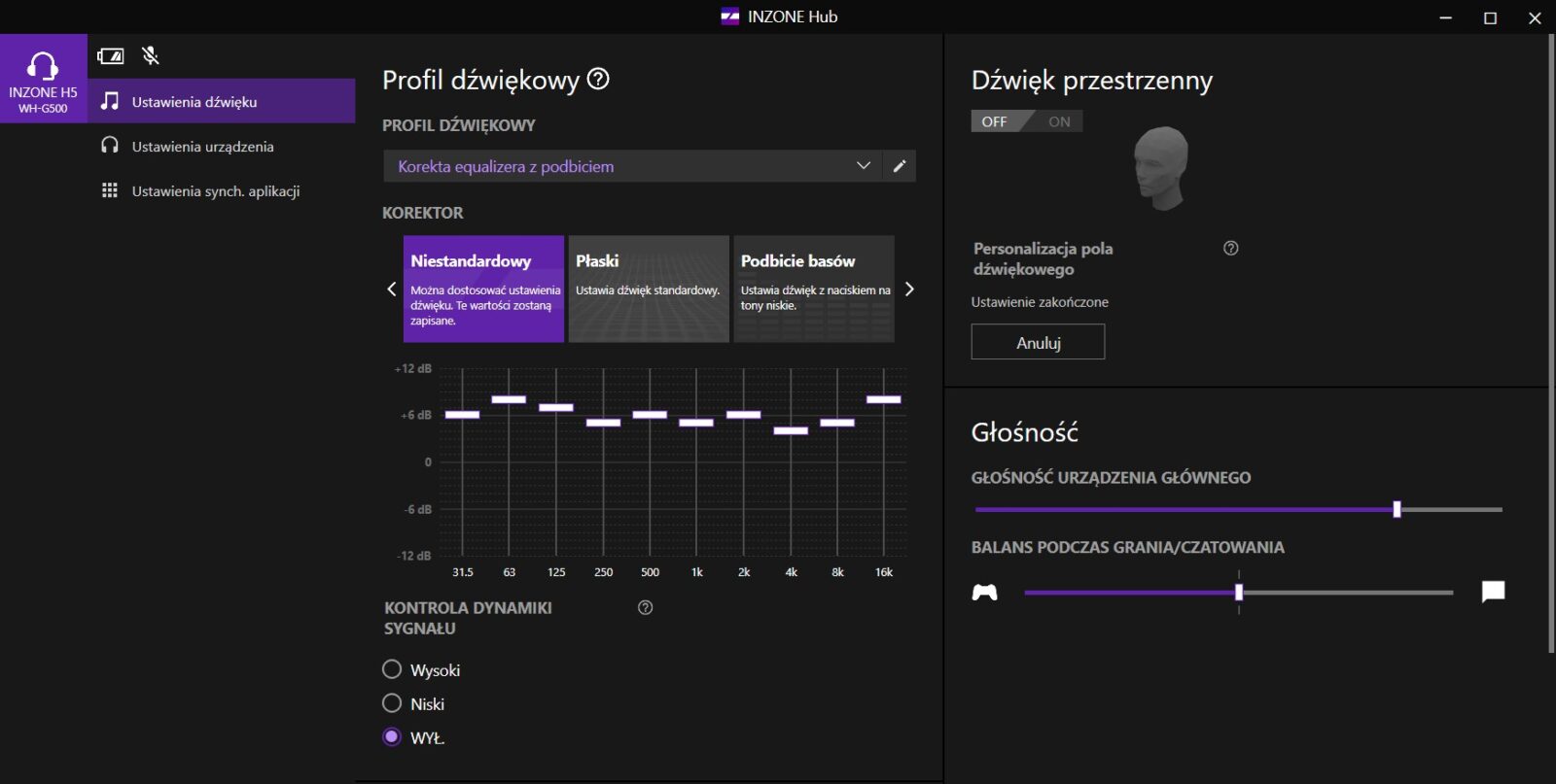 Ekran startowy INZONE Hub