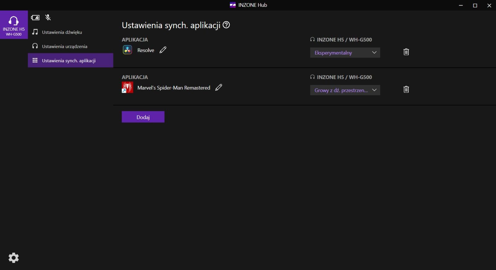 Ustawienia programowania aplikacji w INZONE Hub