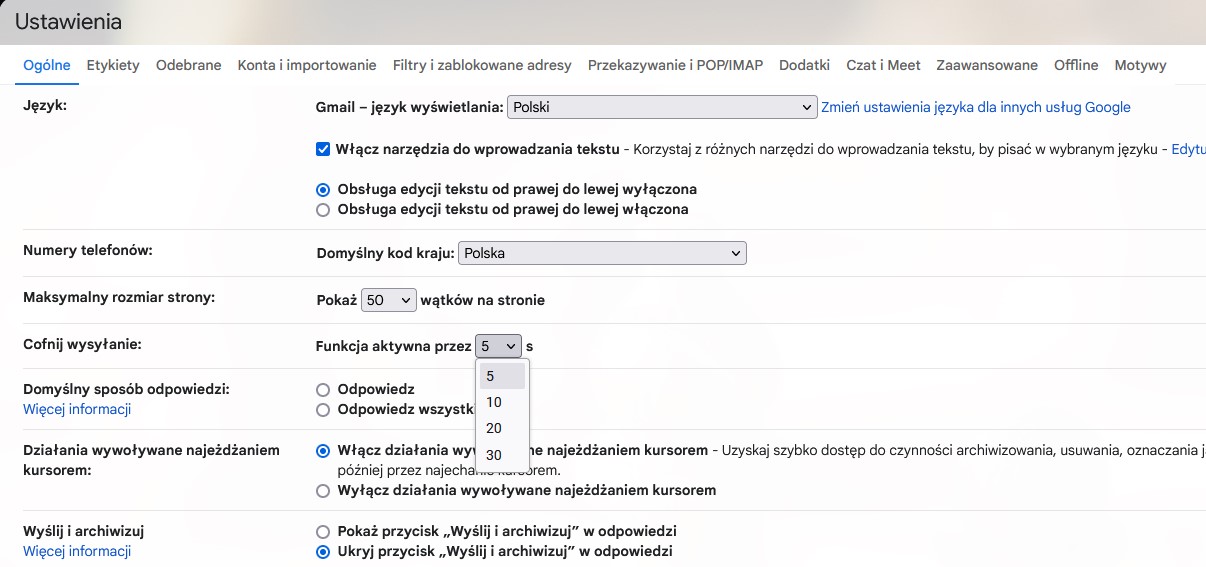 Gmail czas cofania wysyłki