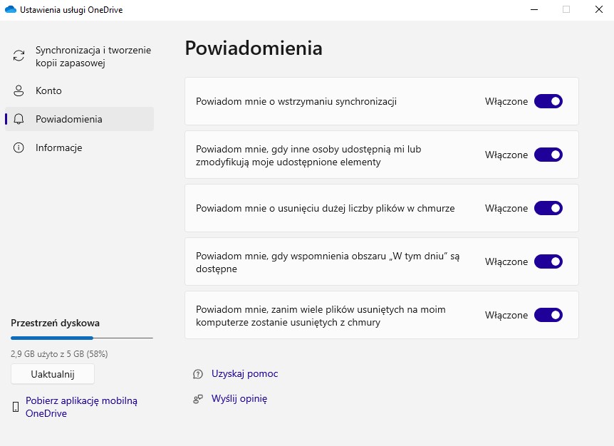 OneDrive - ustawienia