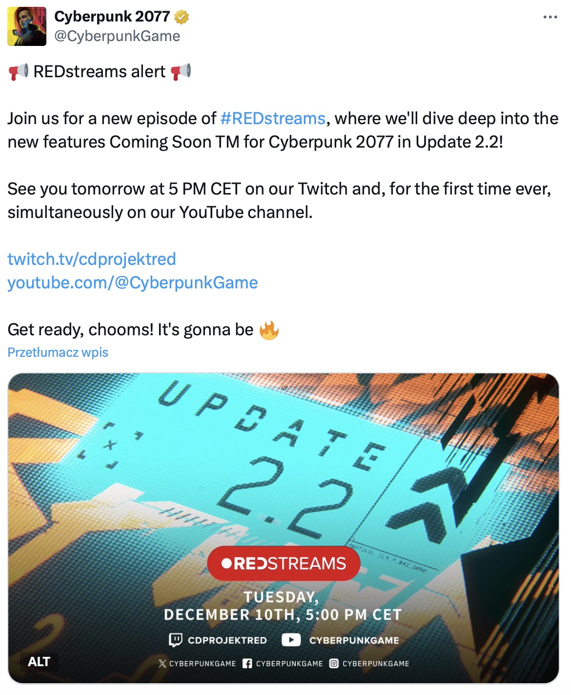 Cyberpunk 2077 update 2.2 zapowiedź