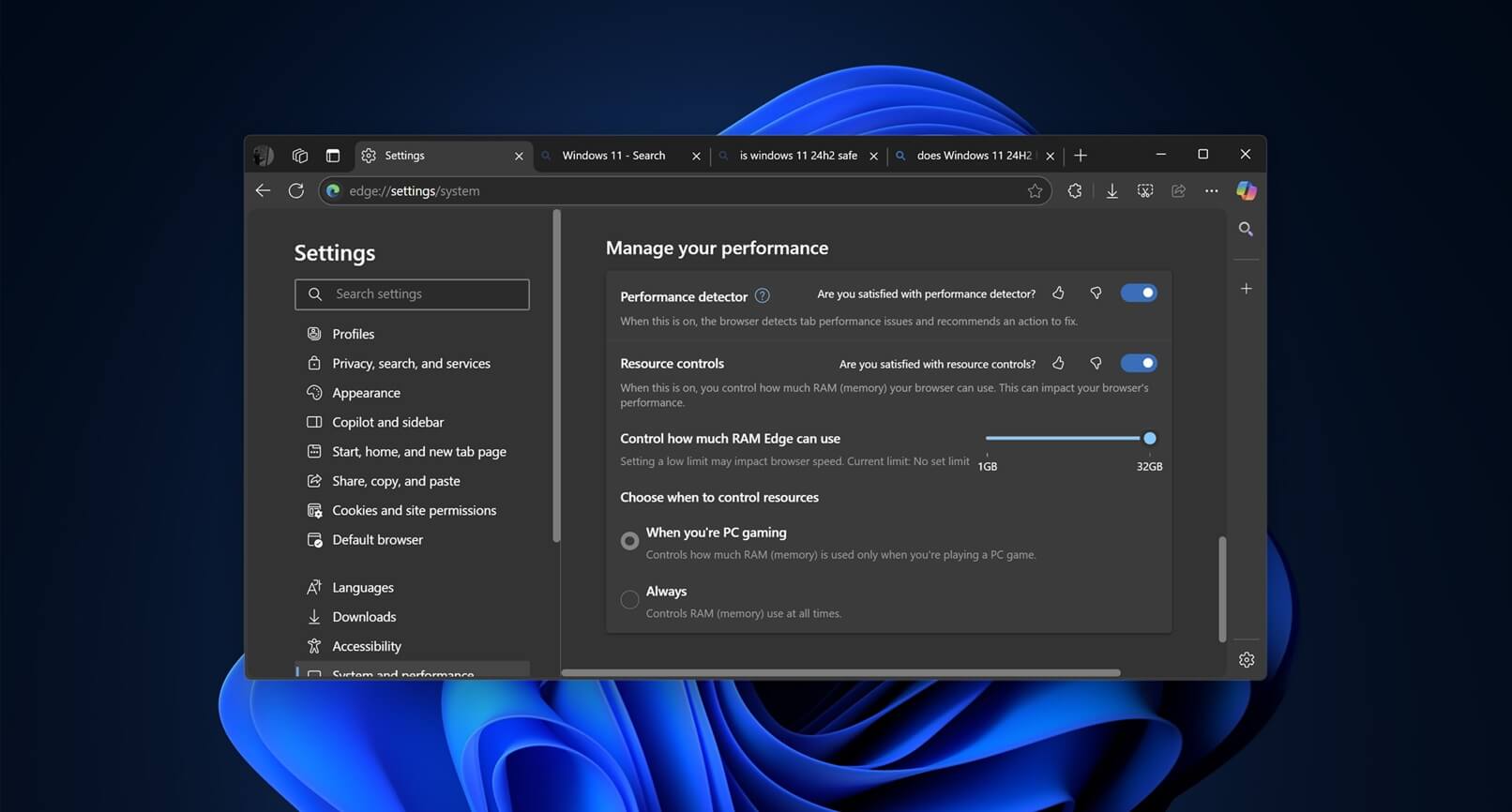 Edge umożliwia ograniczenie użycia pamięci RAM podczas grania w systemie Windows 11