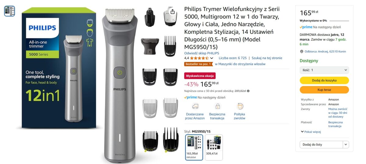 Perfekcyjny wygląd w zasięgu ręki! Promocja na trymer Philips series 5000 Multigroom na Amazon.pl